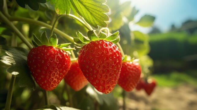 A photo of a close-up view of fresh strawberries