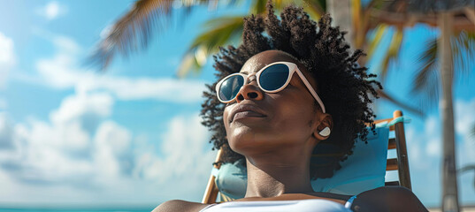 A woman in fashion sunglasses rests on a tropical beach chair, wearing glasses, enjoying a vacation - Powered by Adobe