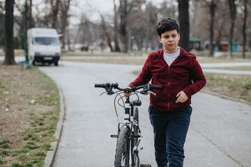 A joyful young boy takes a break from riding to walk with his bicycle alongside a path in a tranquil park setting.