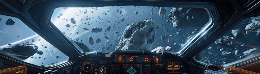 Hyper-realistic view inside a spaceship navigating through an asteroid field using real-time trajectory calculations