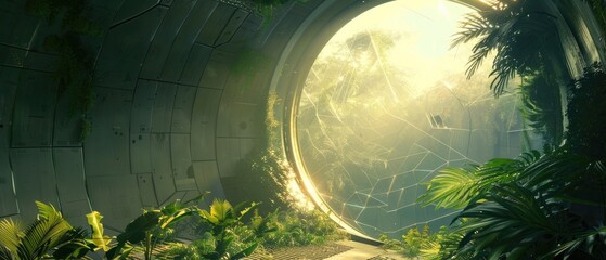 Realistic image of a space habitat dome, where Earth's ecosystems are recreated for study, under soft, ambient lighting - obrazy, fototapety, plakaty