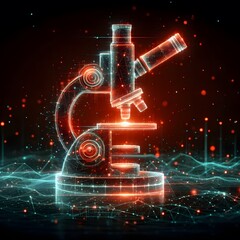 Futuristic Microscope in Red Neon Glow, Digital Science Artwork, Laboratory Research Technology, Scientific Discovery and Innovation