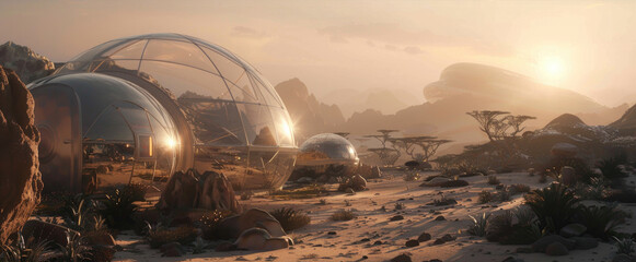 Realistic image of a space habitat dome, where Earth's ecosystems are recreated for study, under soft, ambient lighting