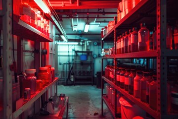 Detailed view of a chemical warfare lab, ominous substances stored in containers, under harsh, red safety lights - obrazy, fototapety, plakaty