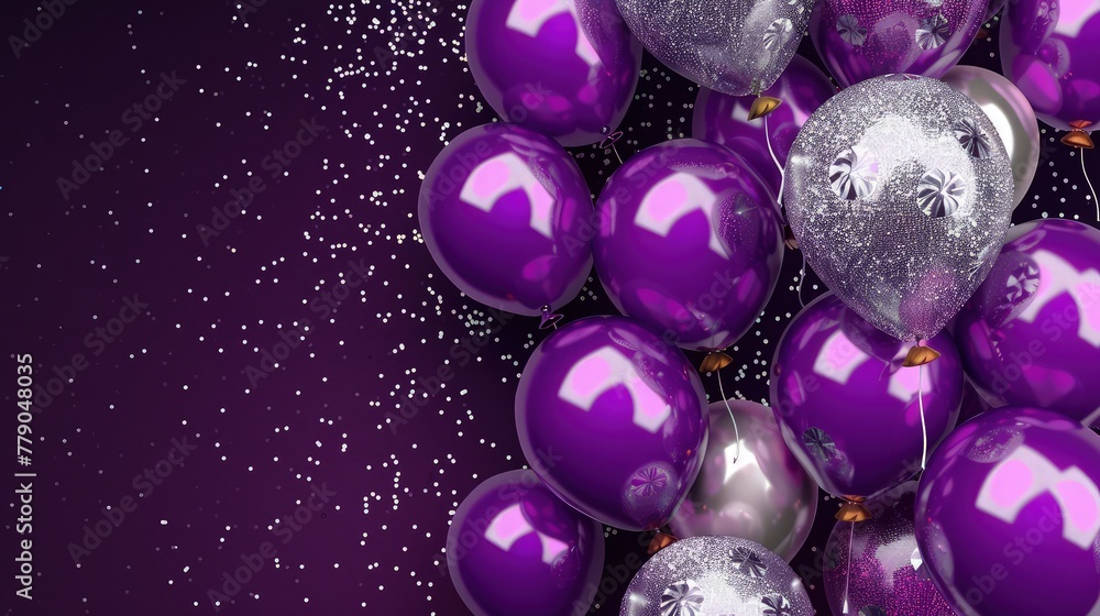 Poster a pristine purple background adorned with a graceful arrangement of colorful balloons, leaving ample