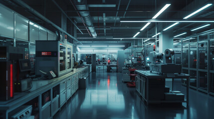 Obraz premium A cutting-edge robotics manufacturing facility with assembly lines and testing stations, momentarily inactive but ready to produce advanced robotic systems