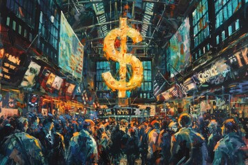 Colorful, bustling financial district scene with a large, glowing dollar sign dominating the skyline, illustrating economic activity. - obrazy, fototapety, plakaty