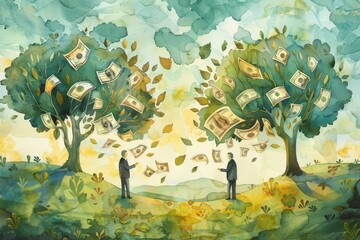 Watercolor painting of two businessmen observing money trees, representing investment growth and wealth in a whimsical landscape. - 779048416