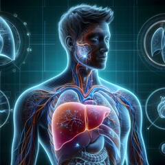 Naklejka premium Human Liver Anatomy, Detailed Illustration of Liver and Surrounding Veins, Arteries in Male Body, Medical and Educational Image, Perfect for Learning and Teaching Anatomy