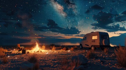 A car home and campfire under the stars, camping scene. Generative AI. - obrazy, fototapety, plakaty
