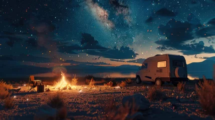 Fotobehang A car home and campfire under the stars, camping scene. Generative AI. © visoot