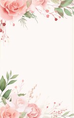 Pink roses and green leaves watercolor painting on cream background, botanical, art deco, interior, exterior