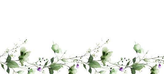 Watercolor painted meadow greenery seamless border on white background. Green wild plants, branches, leaves and twigs.