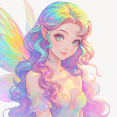 Enchanting Fairy with Pastel Rainbow Wings, Dreamy Expression, Magical Fantasy Portrait