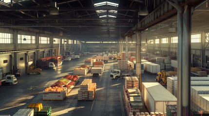 A bustling food distribution center with loading docks and delivery trucks, currently empty but poised to handle the transportation of food supplies