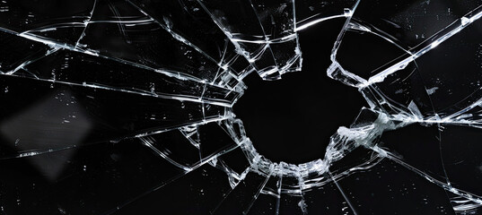 Broken glass isolated on black background with hole