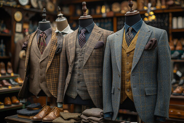  suits on mannequin in an old fashioned tailor store - obrazy, fototapety, plakaty