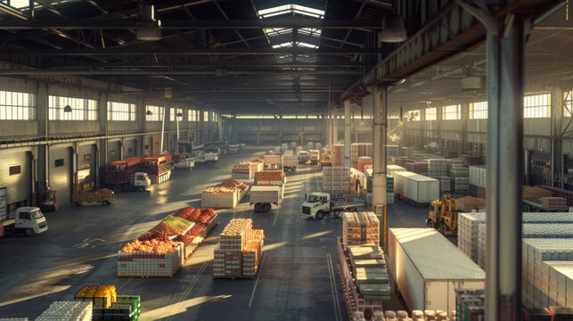 A bustling food distribution center with loading docks and delivery trucks, currently empty but poised to handle the transportation of food supplies