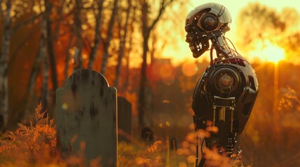 Side view of a humanoid robot standing beside a gravestone, its metallic frame reflecting the colors of the setting sun as it offers a final farewell.  - obrazy, fototapety, plakaty