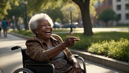 An elderly African-American woman in a wheelchair points with her hand and smiles.