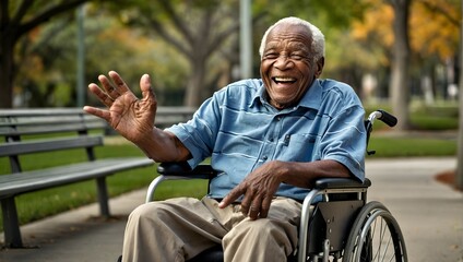 An elderly African-American man in a wheelchair waves.