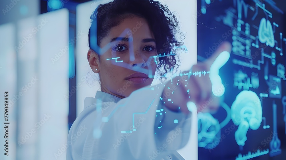 Poster futuristic digital interface with holographic data visualization and neon atmosphere