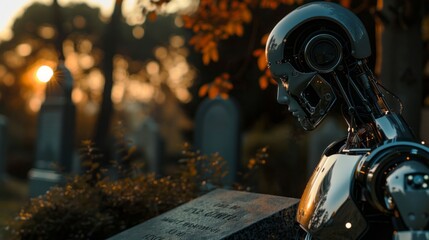 Side view of a humanoid robot standing beside a gravestone, its metallic frame reflecting the colors of the setting sun as it offers a final farewell