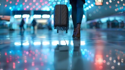 Rushing Through the Vibrant Cityscape - Travelers With Luggage in the Illuminated Airport Terminal at Night - obrazy, fototapety, plakaty