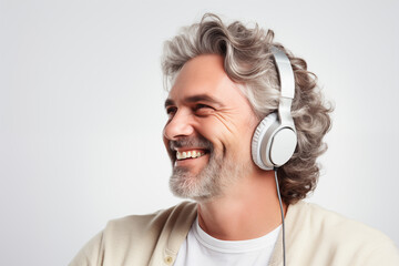 Middle aged man over isolated white background listening music with headphones