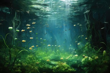 An aquatic plants, An array of aquatic plants swirling underwater, AI generated