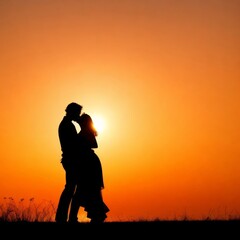 Silhouette of a young couple in love on sunset background. AI generated
