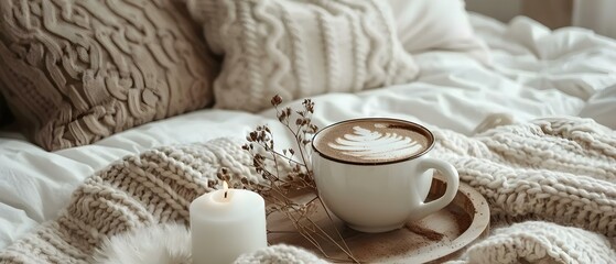 Fototapeta na wymiar Warm Comfort: Hot Chocolate and Knits. Concept Cozy Atmosphere, Winter Essentials, Hygge Lifestyle