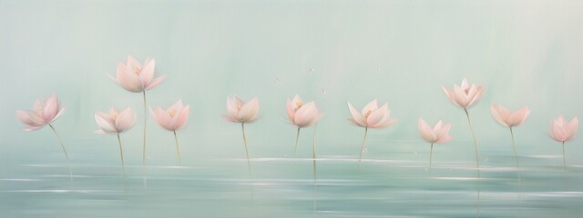 Obraz premium Delicate pink and white water lilies float on a calm pond, with a soft green background. The painting is in a realistic style and has a calming effect.