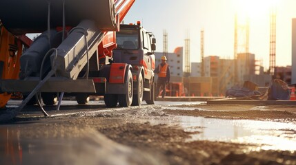 Fototapeta premium A photo of a construction site with a concrete pump.