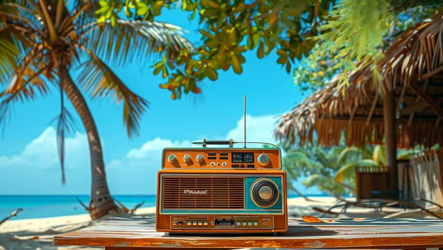 Radio background music with chill vibes under coconut trees on a summer beach. seamless looping 4k time-lapse animation video background