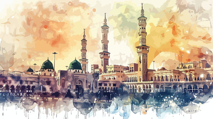 Watercolor sketch of Mecca in vector 2d flat cartoo - obrazy, fototapety, plakaty