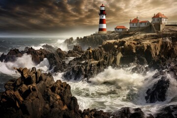 A lighthouses, An array of lighthouses along a rocky coastline, AI generated