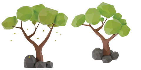 3D Low Poly Tree with Green Leaves Falling Down Isolated