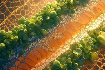 Birds eye view of lipid bilayer, orderly and dense, under clear morning light, detailed and fundamental - obrazy, fototapety, plakaty