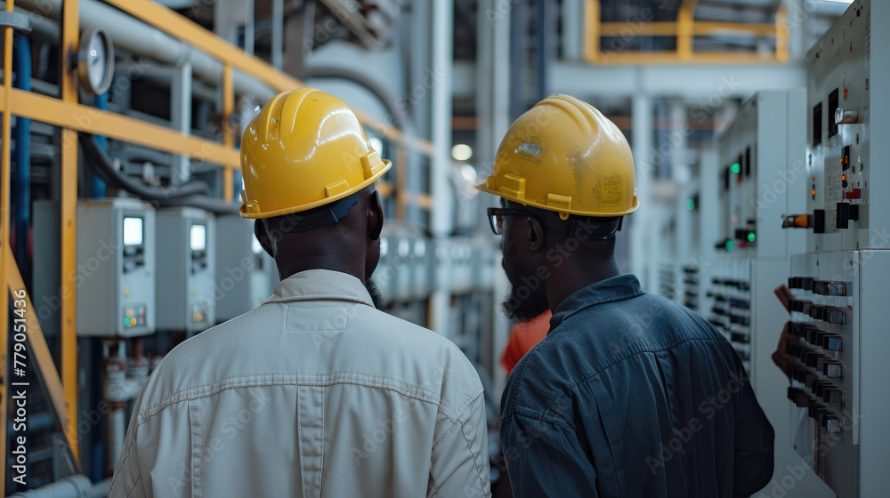 Poster two african american engineer in hard hats working on an electrical panel. generative ai.