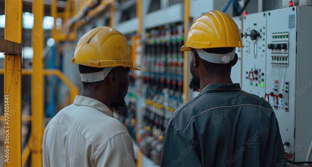 Poster two african american engineer in hard hats working on an electrical panel. generative ai.
