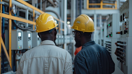 Two African American engineer in hard hats working on an electrical panel. Generative AI.