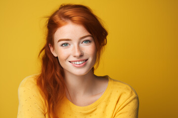 Fototapeta premium Young pretty Redhead girl over colorful background