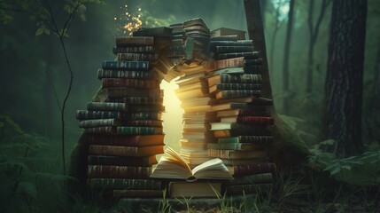 magic book portal in the forest. 