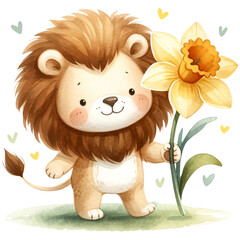 cute animal with daffodils flower,spring flower,cute animals