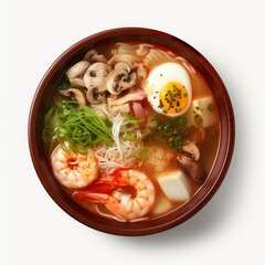 A plate of Asian soup on a white background.