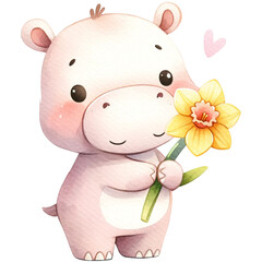 cute animal with daffodils flower,spring flower,cute animals