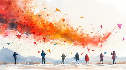 A group of people engaged in a friendly kite-flying competition, their colorful kites popping against the white backdrop