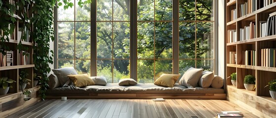 Serene Book Haven: Sunlit Window Seat & Verdant Views. Concept Vintage Book Collection, Reading Nook Decor, Cozy Afternoons - obrazy, fototapety, plakaty