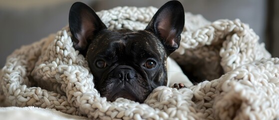 Cozy French Bulldog Embraced by a Warm Blanket. Concept Pets, French Bulldogs, Cozy Blankets, Animal Portraits, Comfort